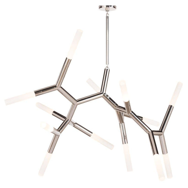 Traveler Large Chandelier in polished nickel with branching arms and frosted acrylic bulb covers.