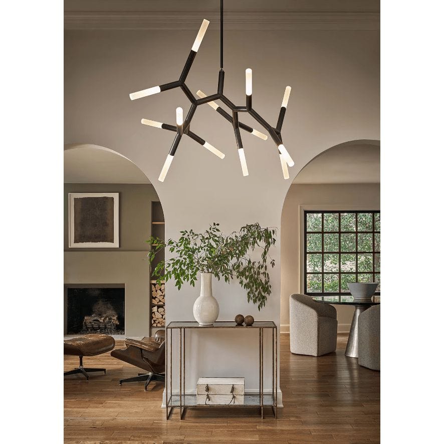 Modern Traveler Large Chandelier in Oil Rubbed Bronze with branching arms and frosted acrylic bulb covers.