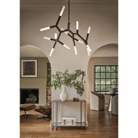 Modern Traveler Large Chandelier in Oil Rubbed Bronze with branching arms and frosted acrylic bulb covers.
