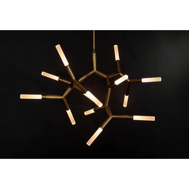 Modern Traveler Large Chandelier in brass with multiple branching arms and frosted acrylic bulb covers.