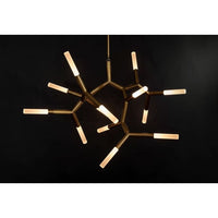 Modern Traveler Large Chandelier in brass with multiple branching arms and frosted acrylic bulb covers.