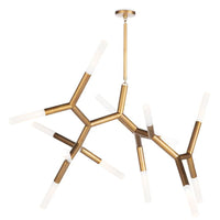 Traveler Large Chandelier in brass with multiple branching arms and frosted acrylic bulb covers.