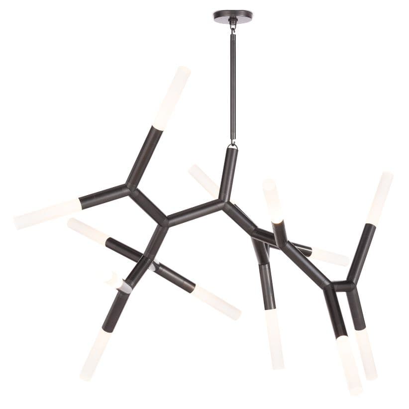 Traveler Large Chandelier in Oil Rubbed Bronze with branching arms and frosted acrylic bulb covers.