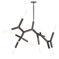 Traveler Large Chandelier in Oil Rubbed Bronze with branching arms and frosted acrylic bulb covers.