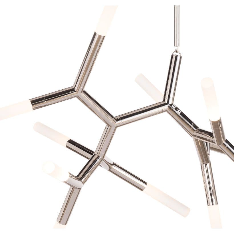 Traveler Large Chandelier in polished nickel with multiple branching arms and frosted acrylic bulb covers.