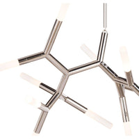 Traveler Large Chandelier in polished nickel with multiple branching arms and frosted acrylic bulb covers.