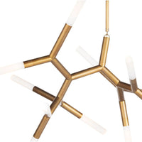 Traveler Large Chandelier in brass with multiple branching arms and frosted acrylic bulb covers.