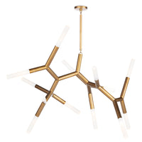 Traveler Large Chandelier in brass with multiple branching arms and frosted acrylic bulb covers.