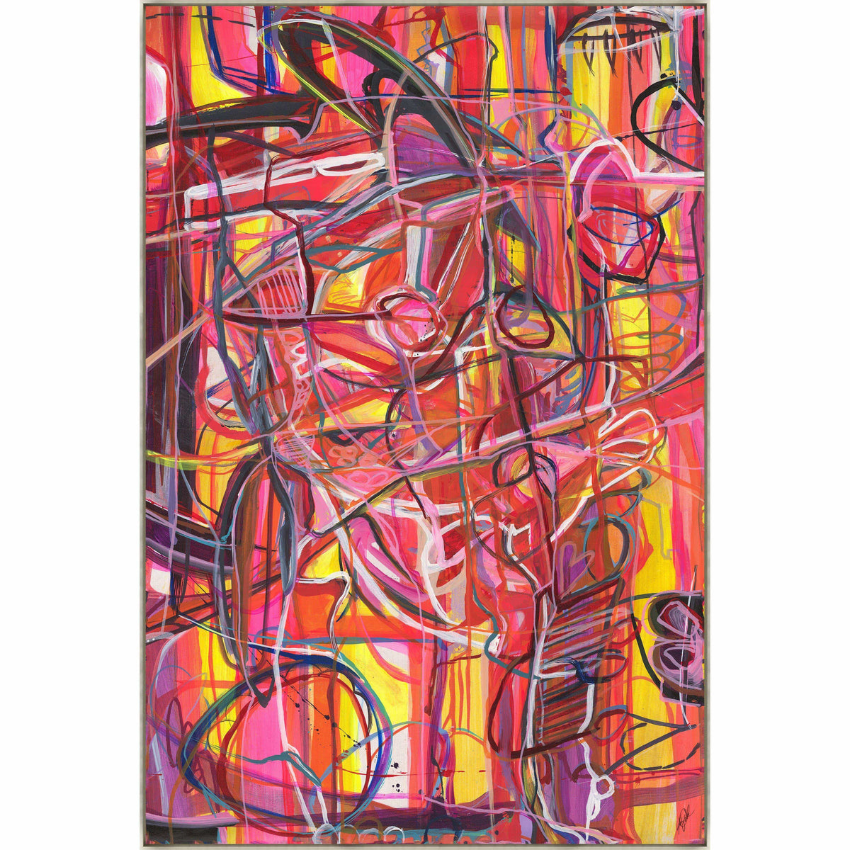 Abstract giclee canvas painting, "Traveling Through Eden," with vibrant red, pink, yellow, and black brushstrokes.
