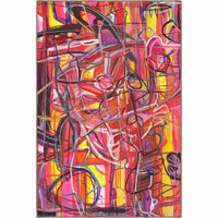 Abstract giclee canvas painting, "Traveling Through Eden," with vibrant red, pink, yellow, and black brushstrokes.