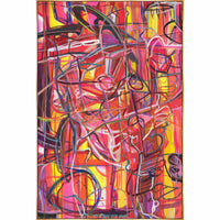 Abstract giclee canvas painting, "Traveling Through Eden," with vibrant red, pink, and yellow brushstrokes, framed in light wood.