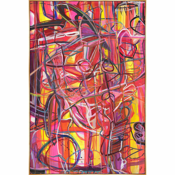 Abstract giclee canvas painting, "Traveling Through Eden," with vibrant red, pink, and yellow brushstrokes, framed in light wood.