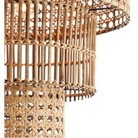 Hand-woven, three-tier natural bamboo and rattan pendant light with exposed bulb.