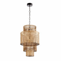 Hand-woven Treble Bamboo Pendant Light with three-tier rattan shade and black chain.