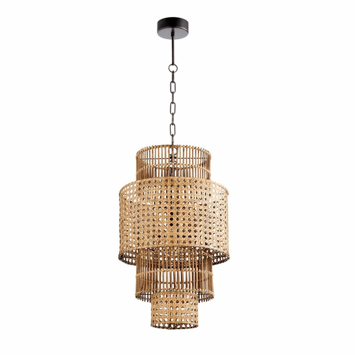 Hand-woven Treble Bamboo Pendant Light with three-tier rattan shade and black chain.