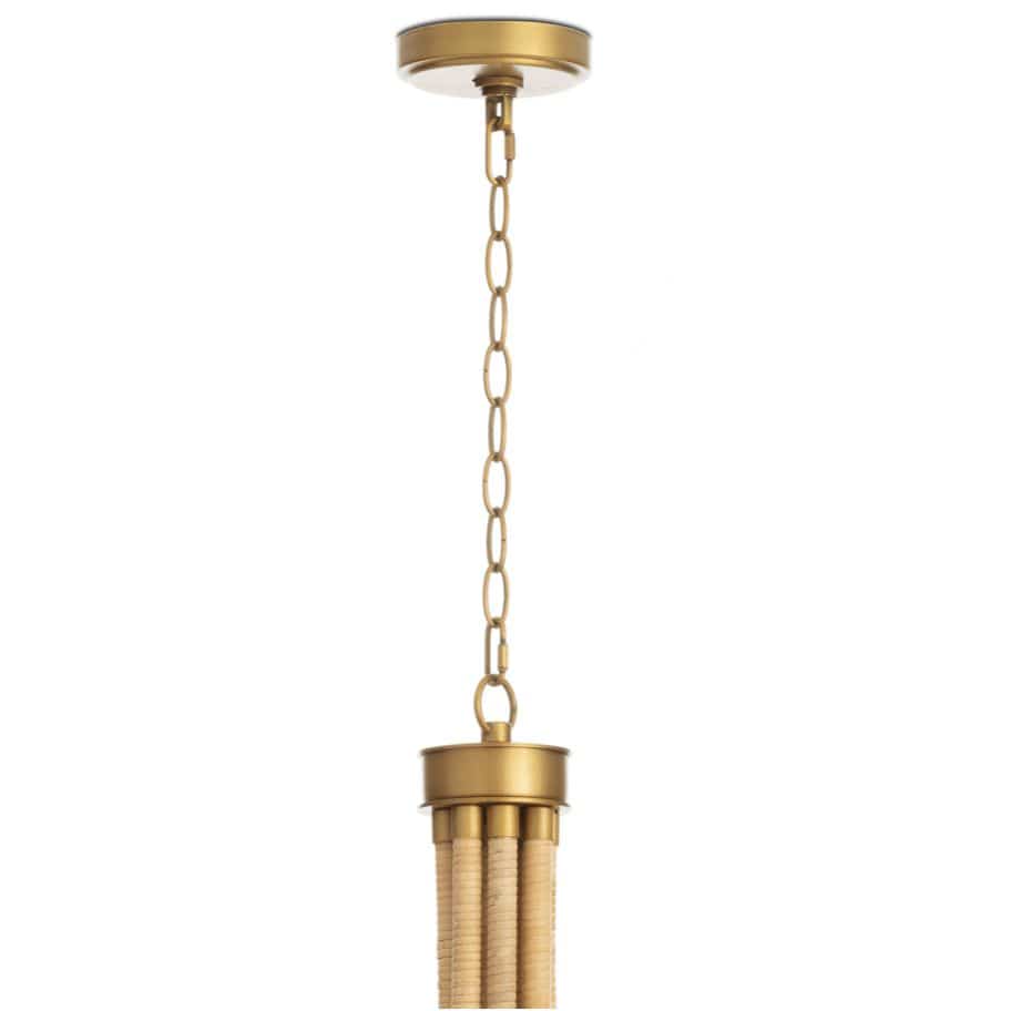 Treble Chandelier with polished brass hardware and bamboo-wrapped bent arms, featuring a coastal-inspired design.