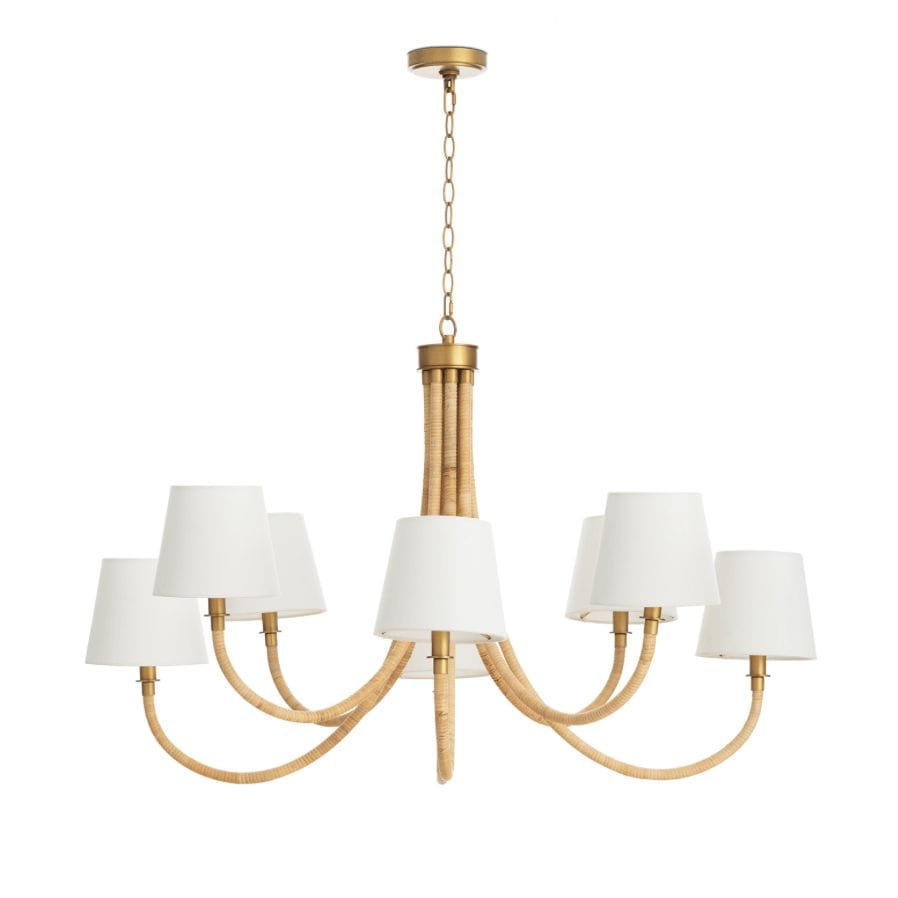 Treble Chandelier: coastal-inspired, 8-light, bent arm design with bamboo wrap and white linen shades.