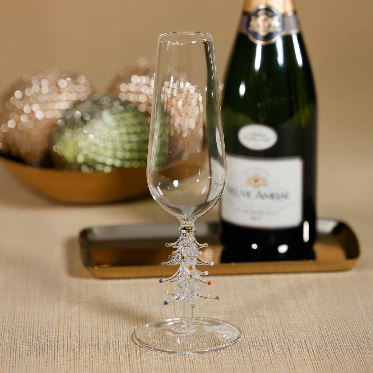 Treetop Cheers Glass Champagne Flutes - Holiday Stemware, Set of 4 - Glass Detail | Bone & Brass