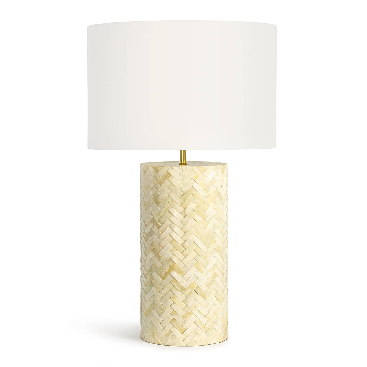 Trellis Table Lamp with a cylindrical bone-inlaid herringbone base, natural linen drum shade, and brass accents.