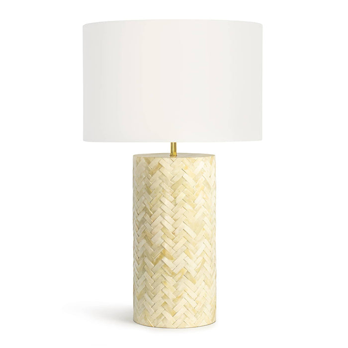 Trellis Table Lamp with a cylindrical bone-inlaid herringbone base, natural linen drum shade, and brass accents.