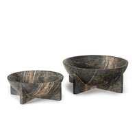 Two Tribune Emerald decorative marble bowls, small and large, with X-shaped bases and dark green veining.