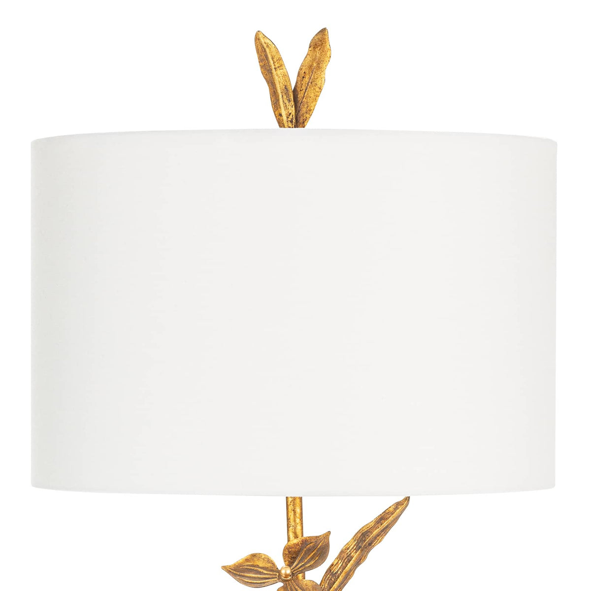 Trillium buffet lamp with antique gold leaf branches, natural linen drum shade, and matching leaf finial.
