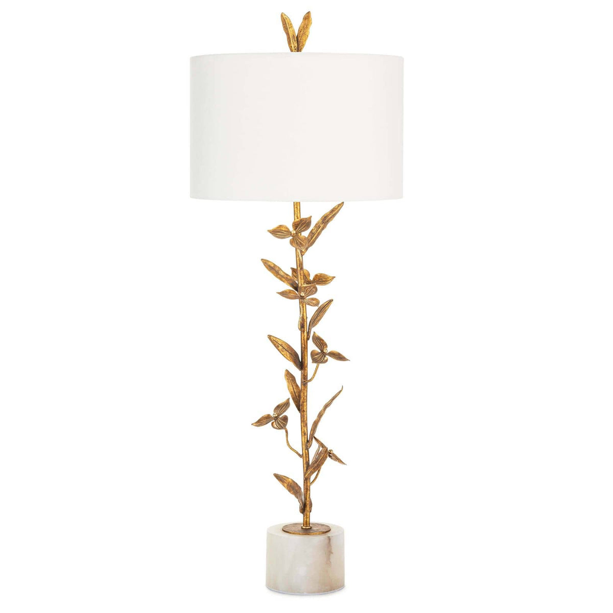 Trillium buffet lamp with antique gold leaf branches, natural linen drum shade, and marble base.