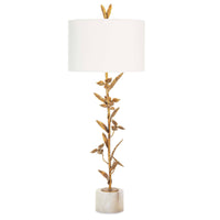 Trillium buffet lamp with antique gold leaf branches, natural linen drum shade, and marble base.