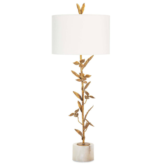 Trillium buffet lamp with antique gold leaf branches, natural linen drum shade, and marble base.