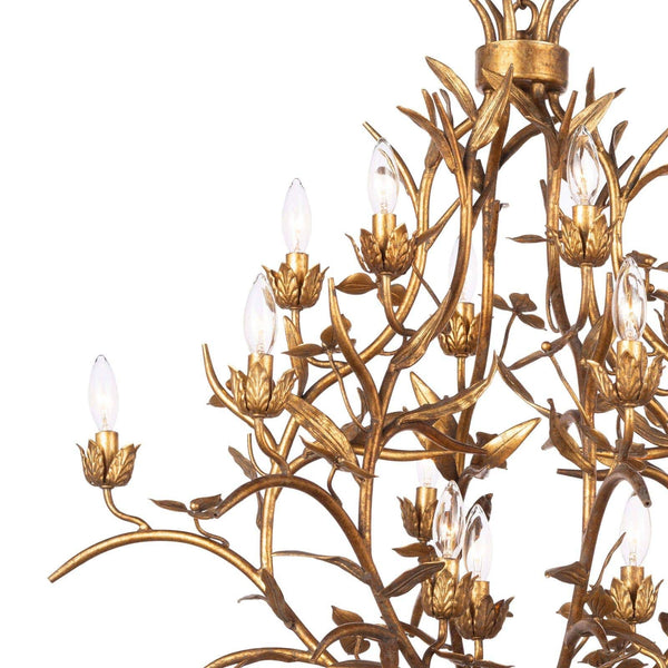Trillium Chandelier: Multi-tiered antique gold leaf chandelier with branches and leaves, featuring 15 candelabra bulbs.