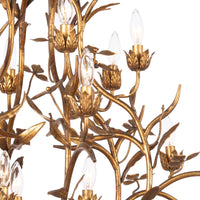 Trillium Chandelier: multi-tiered, antique gold leaf cast branches with candelabra bulbs.