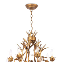 Trillium Chandelier: multi-tiered, antique gold leaf cast branches with 15 candelabra bulbs.