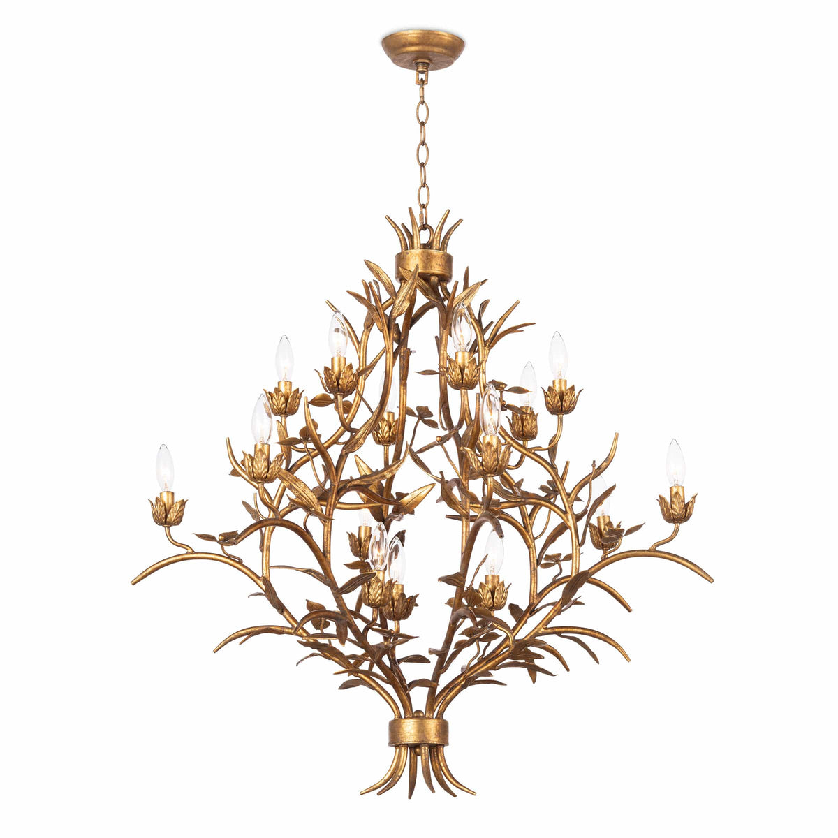 Trillium Chandelier: multi-tiered, antique gold leaf cast branches with 15 candelabra lights.
