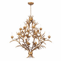 Trillium Chandelier: multi-tiered, antique gold leaf cast branches with 15 candelabra lights.