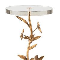 Trillium Martini Table with antique gold leaf gilded branches, alabaster base, and clear glass top.