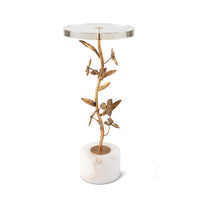 Trillium Martini Table with antique gold leaf gilded branches, alabaster base, and clear glass top.