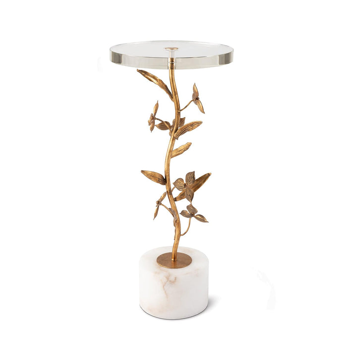 Trillium Martini Table with antique gold leaf gilded branches, alabaster base, and clear glass top.