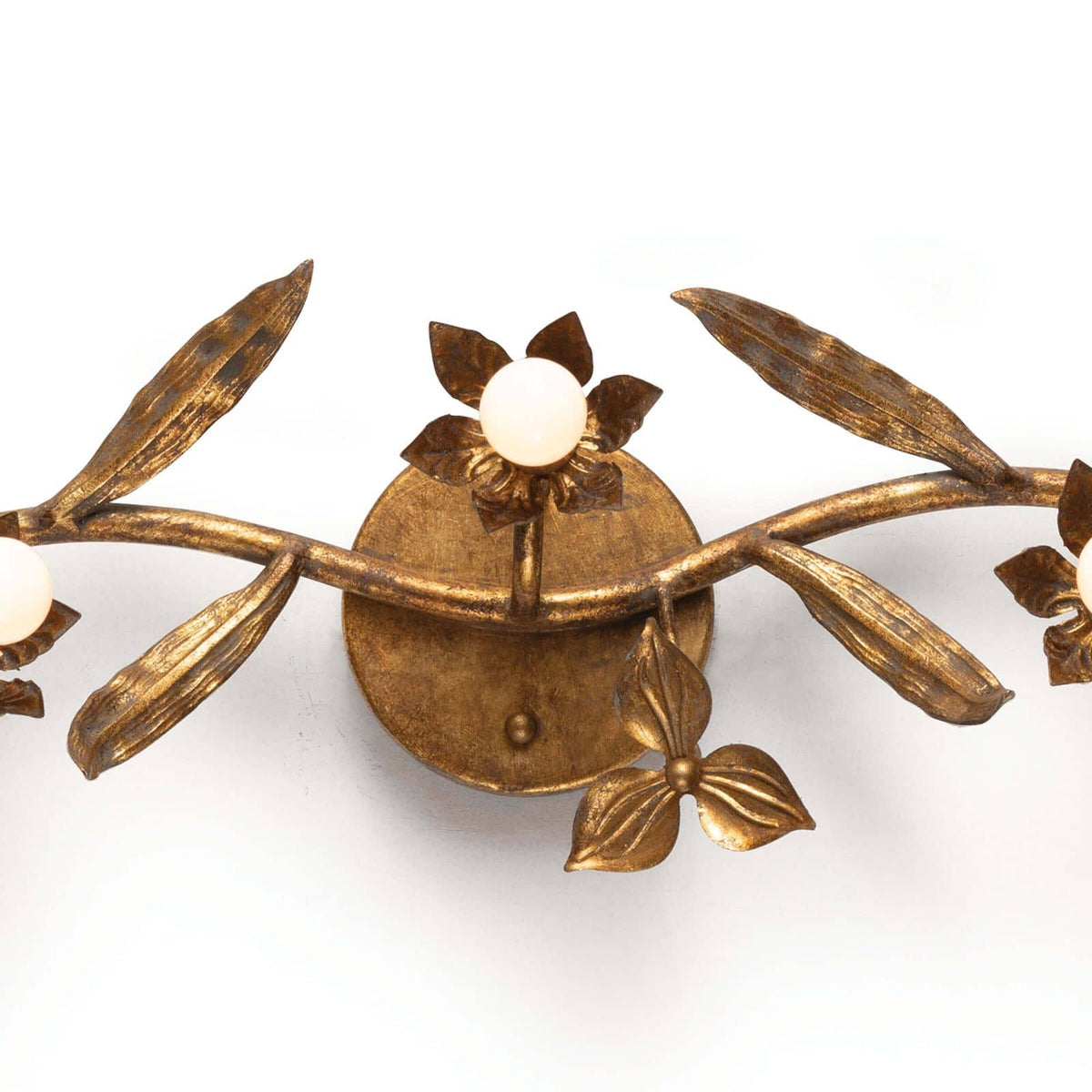 Trillium Sconce: Antique gold leaf cast branch design with five candelabra bulbs.