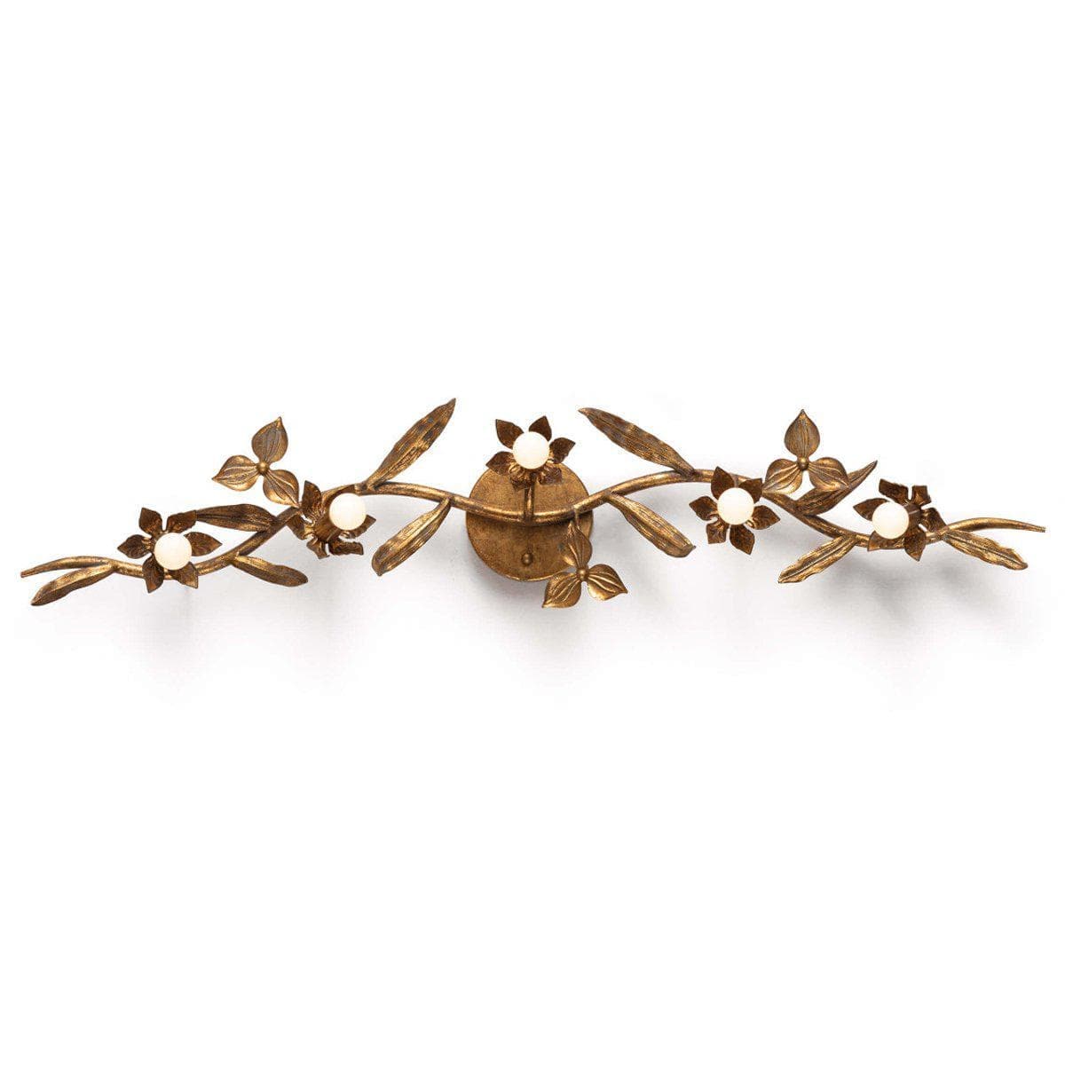 Trillium Sconce: Antique gold leaf cast branch design with five candelabra bulbs and floral accents.