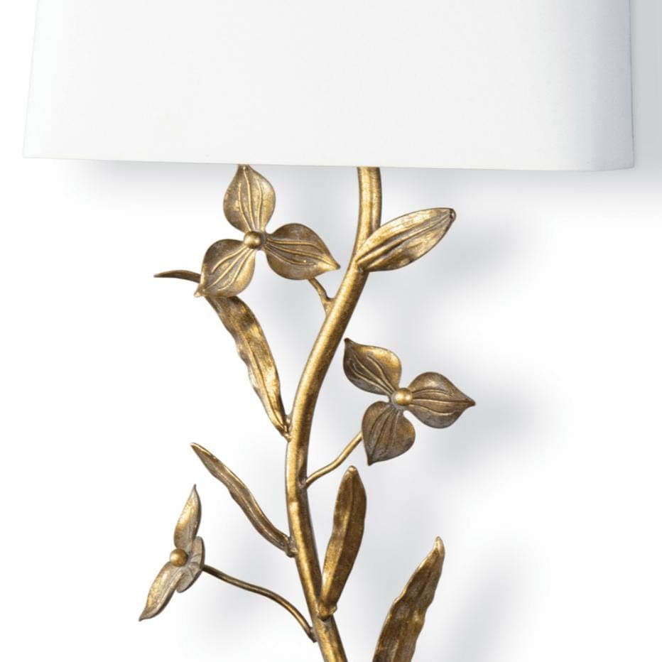 Trillium Shaded Sconce with antique gold leaf branches and a natural linen shade.