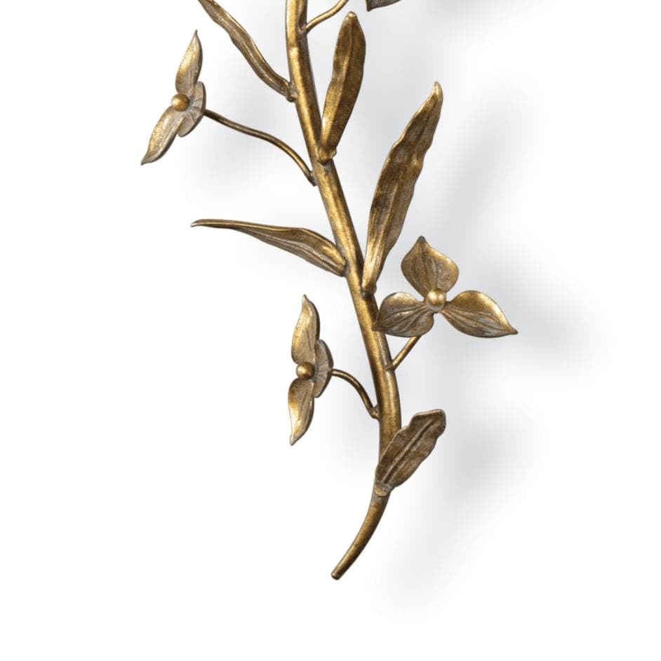 Trillium Shaded Sconce: Antique gold leaf cast branch with gilded leaves and floral details.