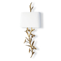 Trillium Shaded Sconce with antique gold leaf branches, cast leaves, and a natural linen shade.