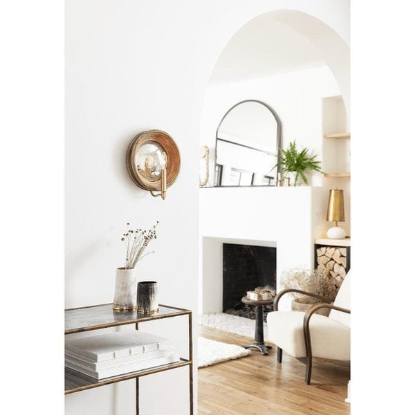 Troy Horn Vase Large: matte horn body with natural brass accent, holding dried florals, on a metal console.
