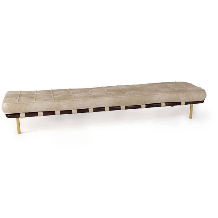 Tufted cappuccino leather gallery bench with dark wood frame, woven straps, and gold legs.