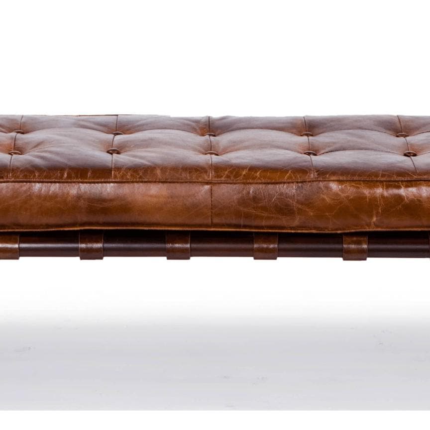 Tufted chestnut leather gallery bench with a classic design and generous 6.5-foot length.