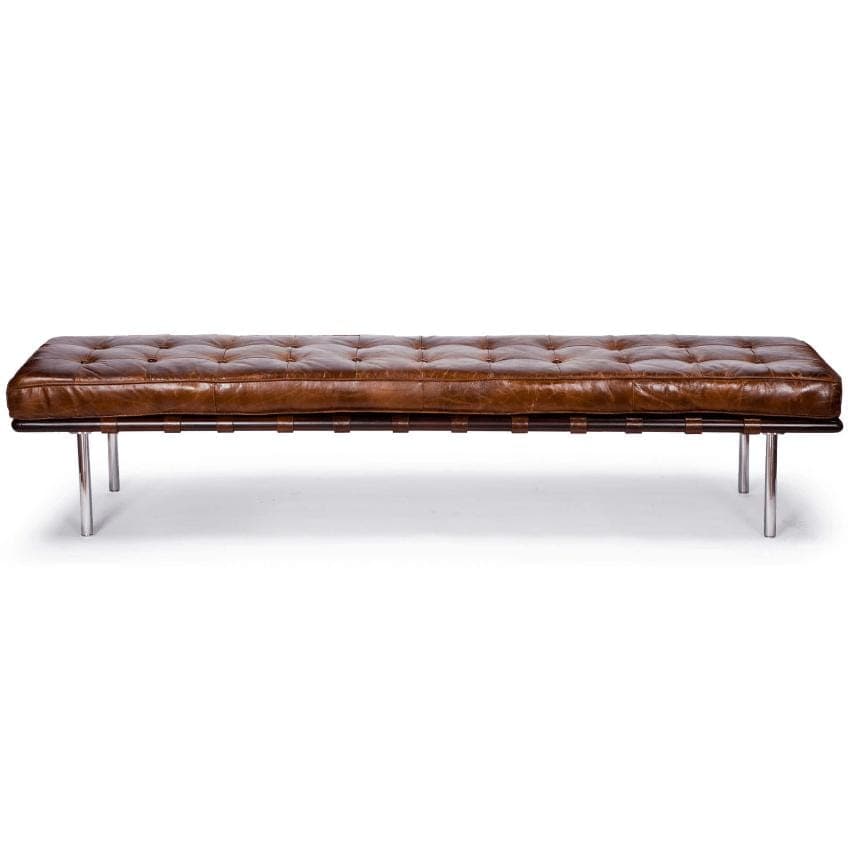 Tufted chestnut leather gallery bench with chrome legs, 6.5-foot length.
