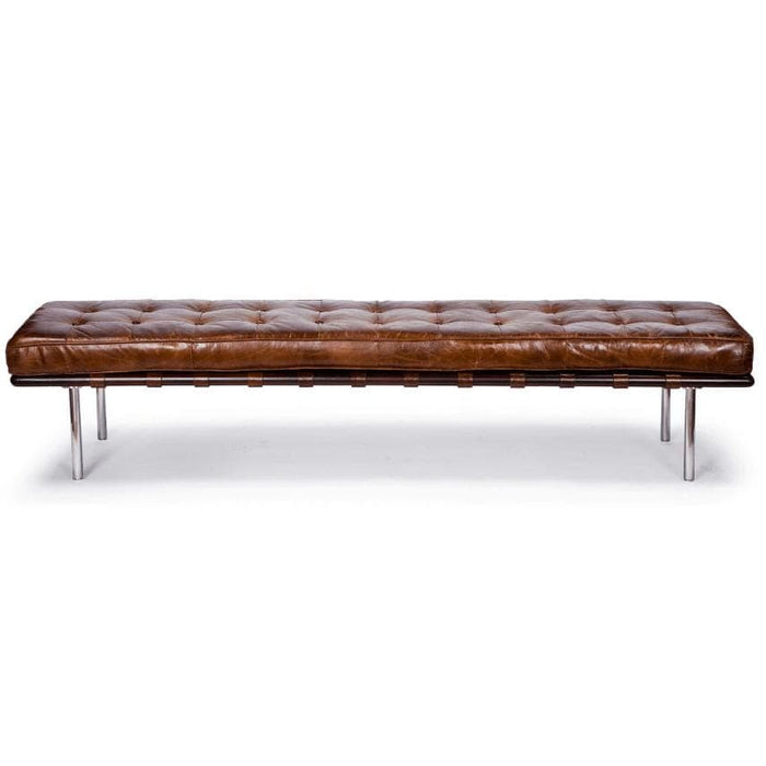 Tufted chestnut leather gallery bench with chrome legs, 6.5-foot length.