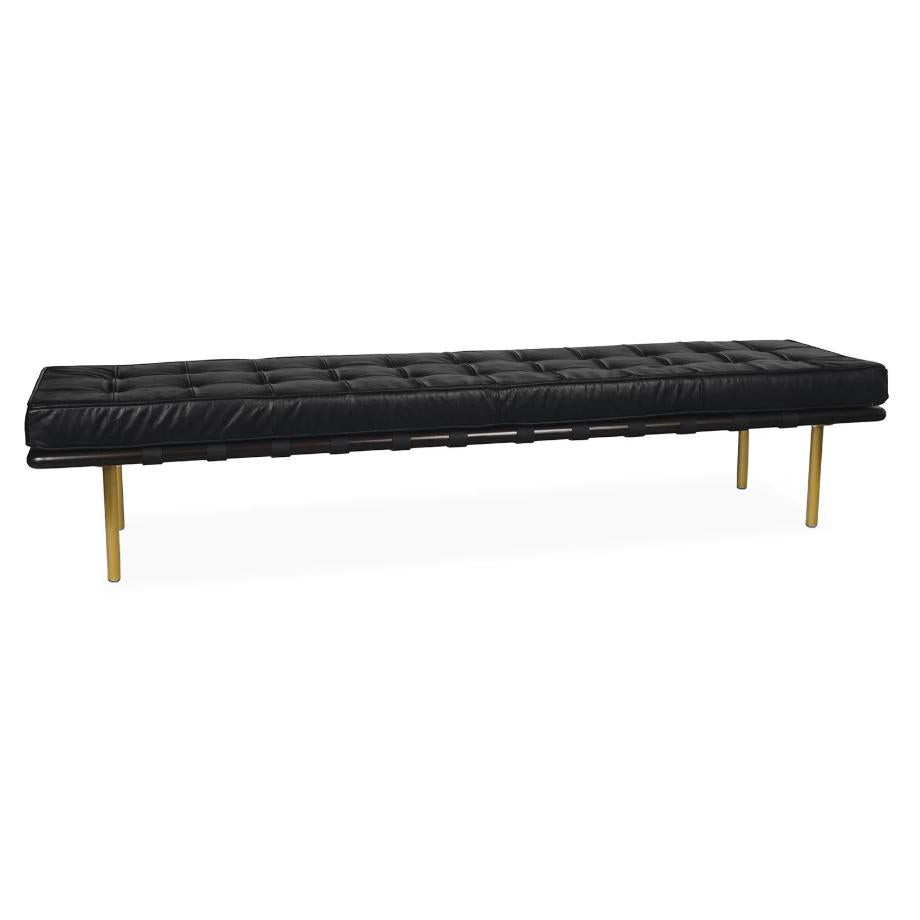 Modern black tufted leather gallery bench with gold legs, 78-inch length.