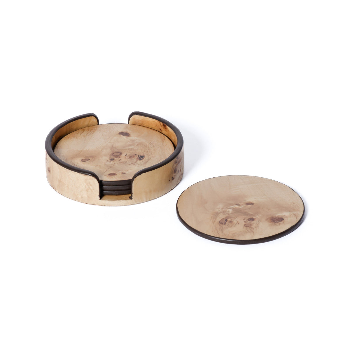 Valerie Burl Round Coasters Holder, Set 4 | Bone & Brass