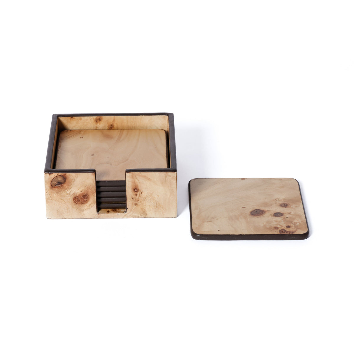 Valerie Burl Square Coasters Holder, Set 6 | Bone & Brass